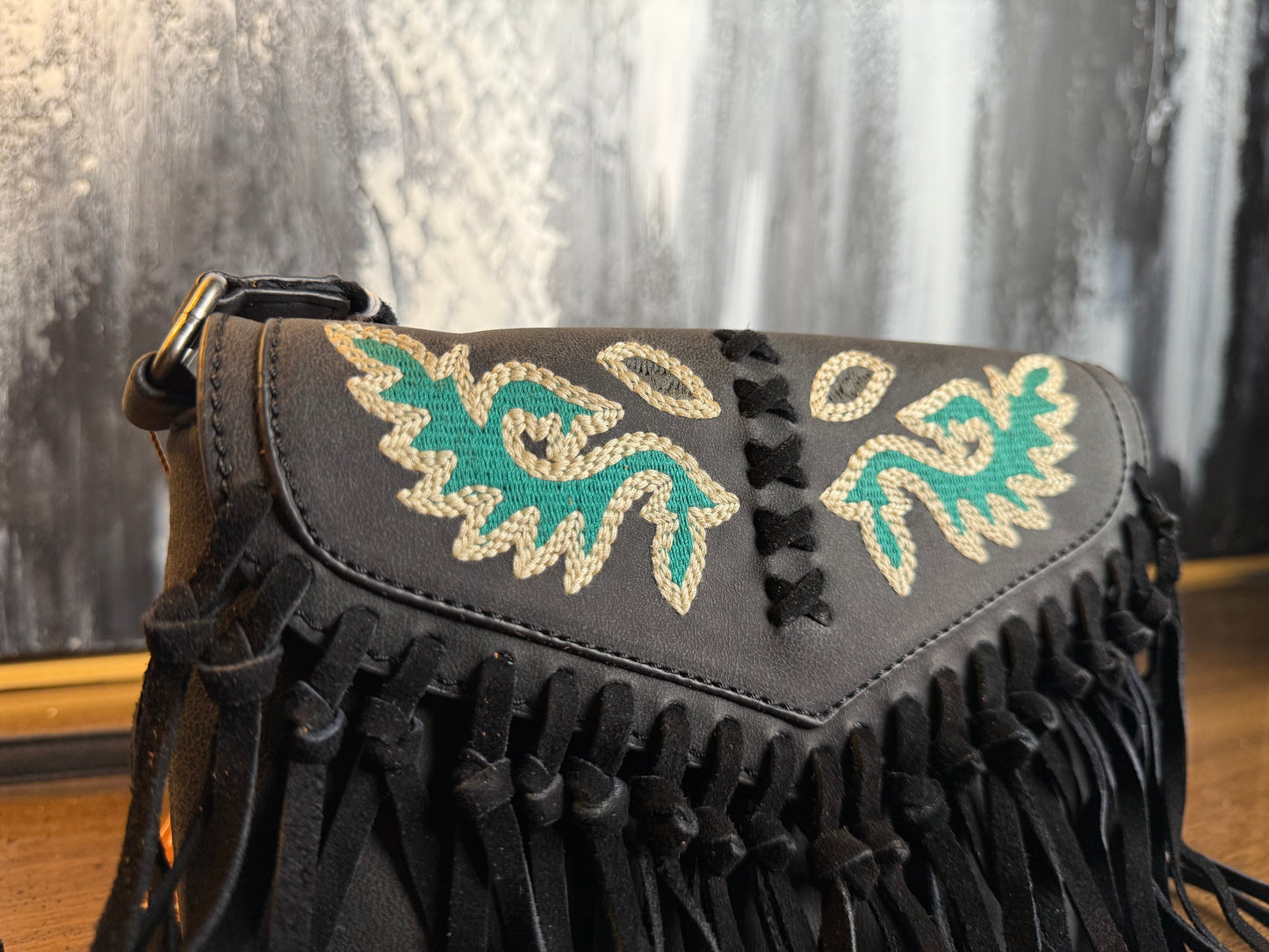 Wrangler Suede Leather Fringe Crossbody | Charcoal