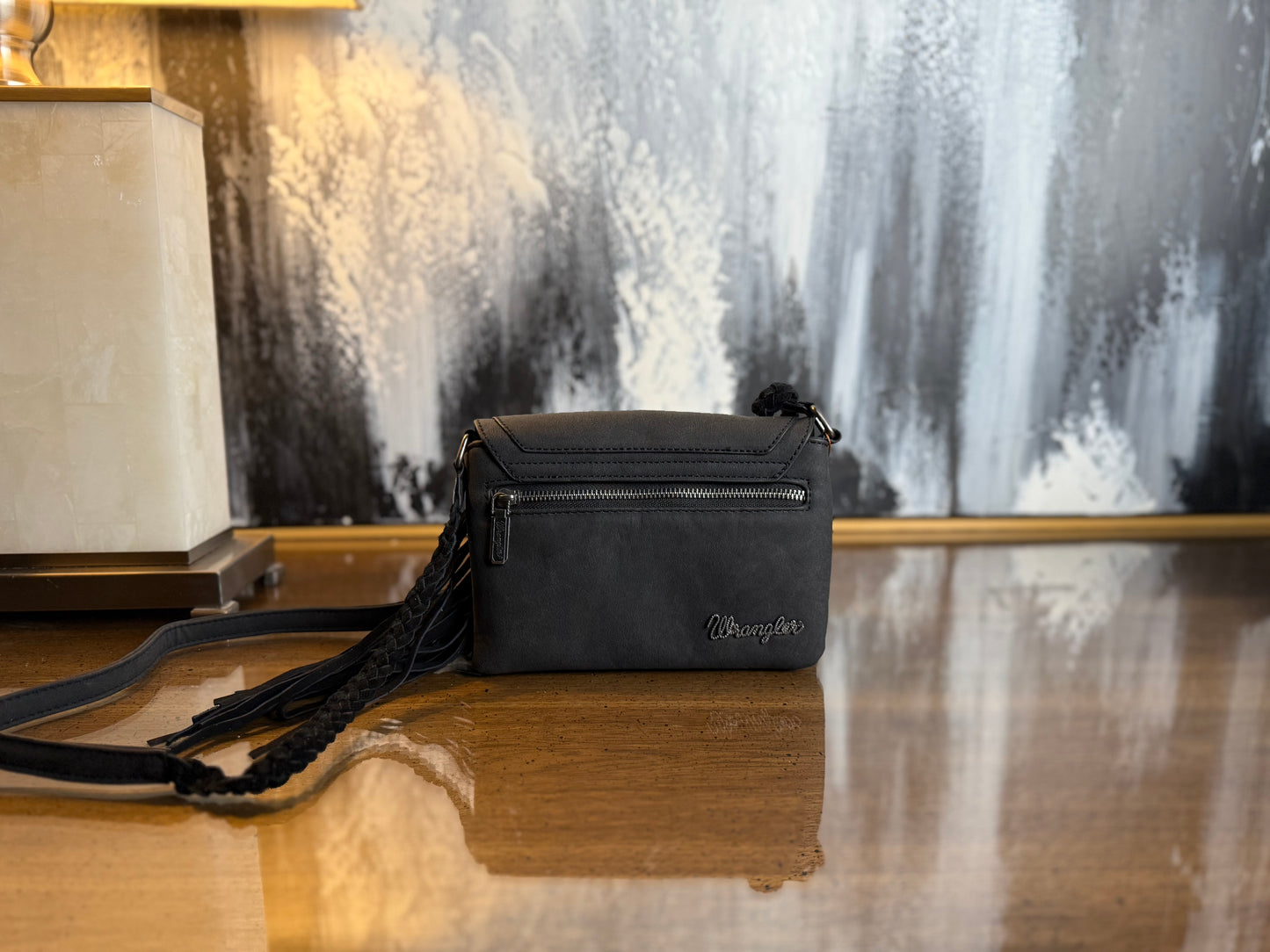Wrangler Suede Leather Fringe Crossbody | Charcoal