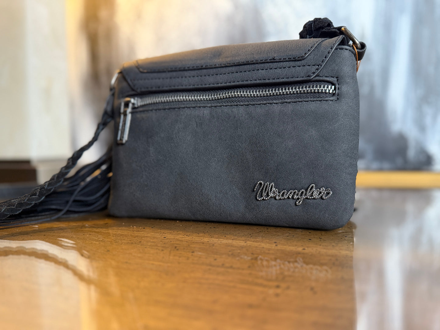 Wrangler Suede Leather Fringe Crossbody | Charcoal