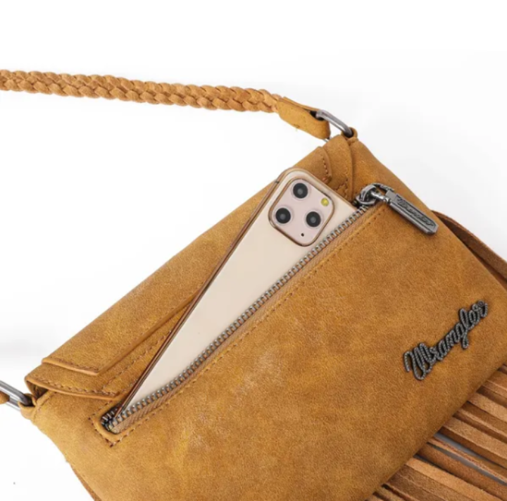 Wrangler Suede Leather Fringe Crossbody | Camel